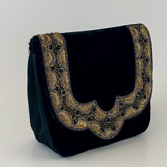 Black Velvet Boho Clutch Gold Embroidered Handbag - Picture 2 of 4